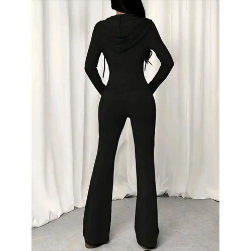 Kadın Uzun Kollu Kapşonlu Bağcıklı önü Fermuarlı Viskon Iki Iplik Bluz Ve Pantolon Ikili Takım