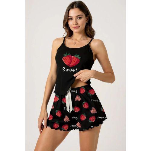 Çilek Baskılı Siyah Askılı Şortlu Pijama Takımı