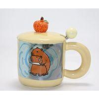 Capybara Desenli Kapaklı Kaşıklı Porselen Kupa Bardak