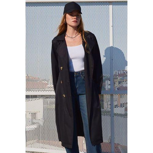 5853 Kruvaze Yaka Trençkot - Siyah