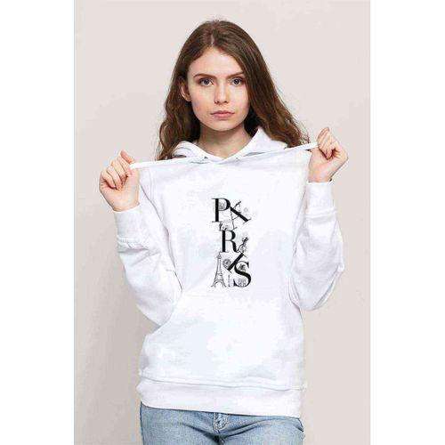 Paris Eiffel Tower Baskılı Beyaz Kadın Kapşonlu Sweatshirt