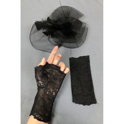 Siyah Vualet Şapka ve Dantelli Eldiven