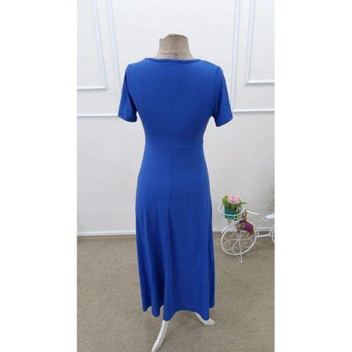 Kadın Kısa Kollu Asimetrik Yakalı Düğme Detaylı Midi Viskon Elbise