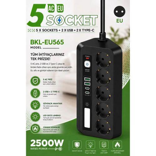 5’li Akım Korumalı Priz 2500w | 2 Usb + 2 Type-c Hızlı Şarj | Led Gece Lambalı | Dokunmatik Siyah