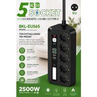 5’li Akım Korumalı Priz 2500w | 2 Usb + 2 Type-c Hızlı Şarj | Led Gece Lambalı | Dokunmatik Siyah