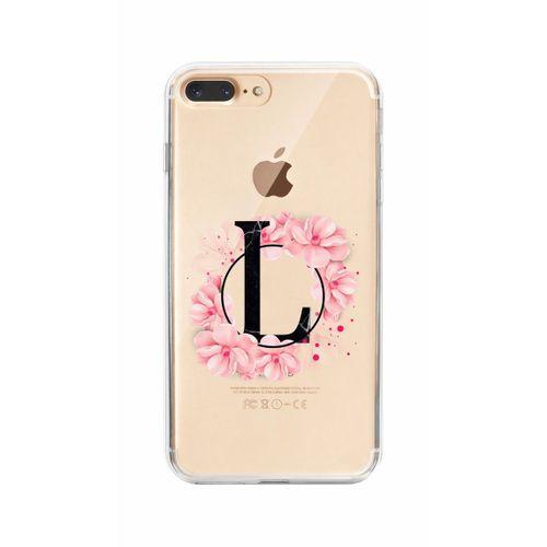 iPhone 8 Plus Pembe Çiçek Desen L Harfli Şeffaf Kılıf