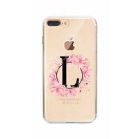 iPhone 8 Plus Pembe Çiçek Desen L Harfli Şeffaf Kılıf