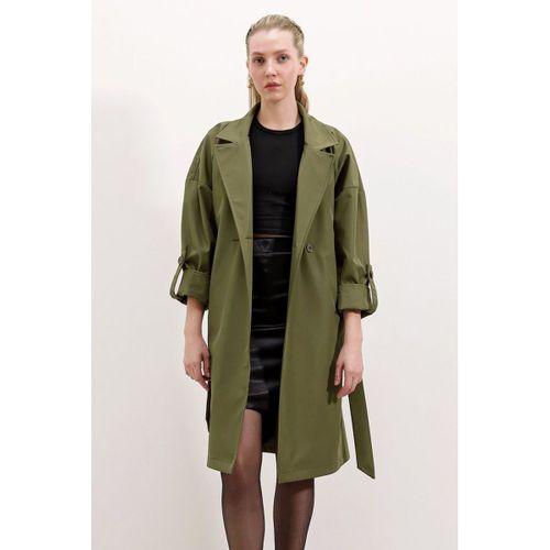 9104 Kruvaze Yaka Astarlı Trençkot - Haki