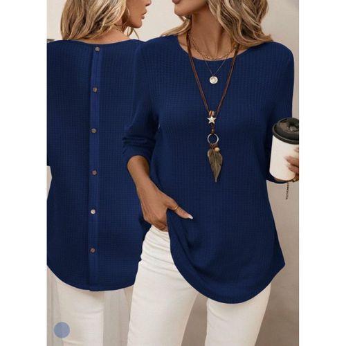 Kadın Uzun Kollu Yuvarlak Yaka Arkadan Düğmeli Waffle Bluz