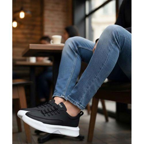 BA0332 Merdiven Desen Bağcıklı Erkek Yüksek Taban Siyah Cilt Beyaz Taban Spor Ayakkabı