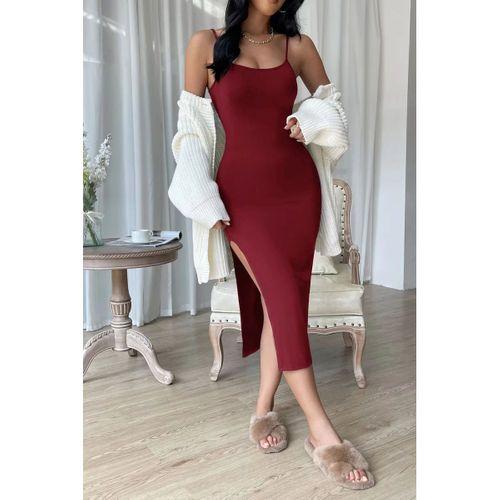 Kadın Bordo Yırtmaçlı Diz Altı Vücüdu Saran Gecelik