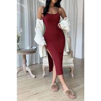 Kadın Bordo Yırtmaçlı Diz Altı Vücüdu Saran Gecelik