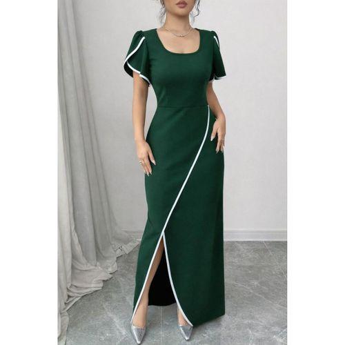 Kadın Kısa Kollu Kare Yakalı önden çapraz Kesim Detaylı Krep Elbise