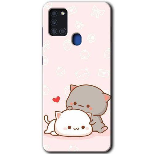 MRCİLETİSİM Samsung Galaxy A21s Kılıf Baskılı Kapak - Kedi Aşkı +Tam Ekran Koruyucu
