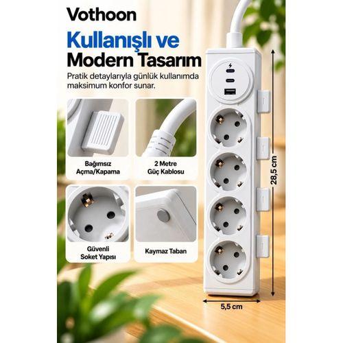 4’lü Akıllı Priz Tek Dokunuşla Fiş Çıkarma 2 Metre Kablo 2 Type-c + Usb 15w Hızlı Şarj 3680w Krem