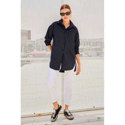 20217 Cep Detaylı Çizgili Oversize Gömlek - Siyah