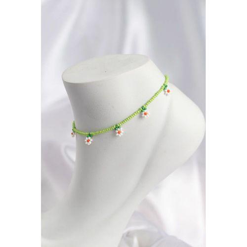 Yeşil Renk Boncuklu Papatya Motifli Halhal