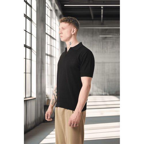 Örme Desenli Viskon Polo Yaka Triko Erkek T-Shirt - Siyah
