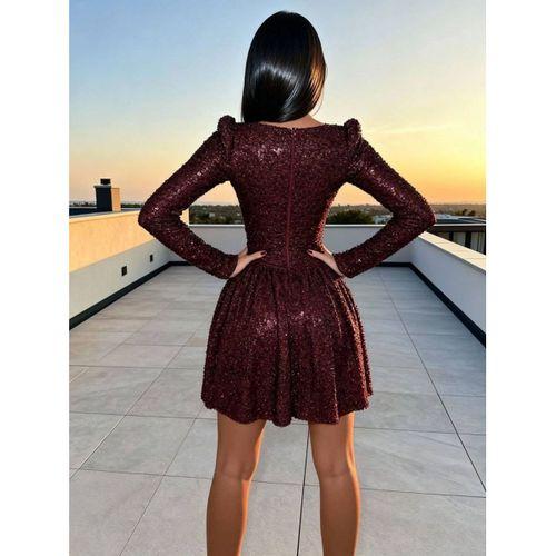 Kadın Uzun Kollu Armut Yaka Pul Payet Işlemeli Mini Gece Elbisesi