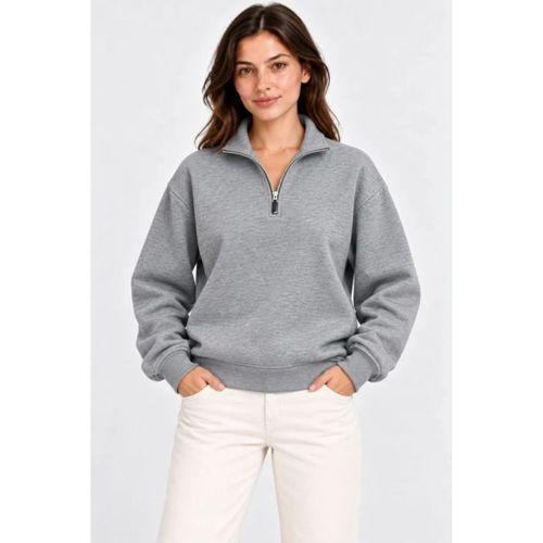 Üç İplik İçi Şardonlu Dik Yaka Yarım Fermuarlı Kışlık Sweatshirt - Grİ