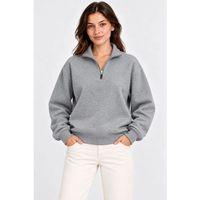 Üç İplik İçi Şardonlu Dik Yaka Yarım Fermuarlı Kışlık Sweatshirt - Grİ