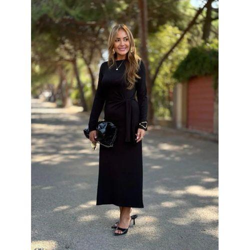 Kadın Uzun Kollu Bisiklet Yaka Yandan Bağlamalı Uzun Modal Elbise