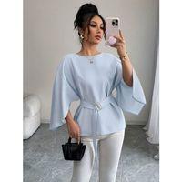 Kadın Uzun Kollu Yuvarlak Yakalı Yarasa Kollu Belden Kuşaklı Atlas Bluz