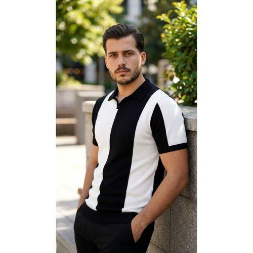 Erkek Kısa Kollu Polo Yakalı Blok Desenli Triko Bluz
