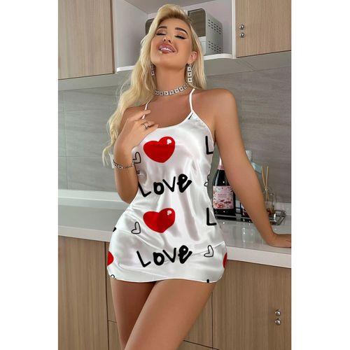 Love Desenli Beyaz Saten Gecelik