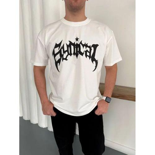 Erkek Bisiklet Yaka Ön Baskılı Kısa Kollu Tişört Streetwear Günlük Basic Pamuklu T-shirt - Beyaz