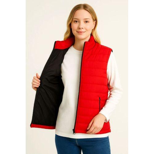 Şişme Fermuarlı Yelek Su Itici Kapitone Astarlı Kumaş Cepli Hafif Kışlık Spor Rahat Kalıp - Kırmızı