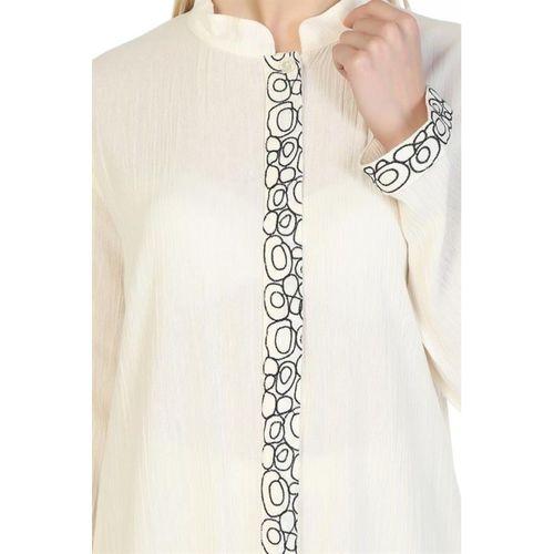 Uzun Kol Şile Bezi Hakim Yaka Halkalı Nakışlı Mevsimlik Uzun Ferace Krem Krm