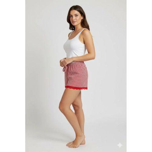 Çizgili Penye Kadın Ev Şortu Bacak Dantel Detaylı Ev Giyim Kırmızı