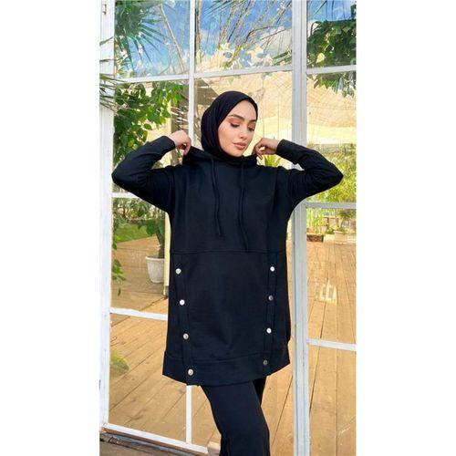Kapşonlu Çıtçıt Detaylı Kısa Sweat Pantolon İkili Tesettür Eşofman Takımı - 03079.003 - Siyah