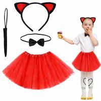 Kırmızı Renk Etekli Kedi Kostüm Seti (Tütü, Taç, Papyon, Kuyruk)