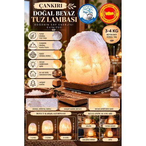 Çankırı 3-4 Kg Beyaz Doğal Kaya Tuzu Lambası Ahşap Kaideli Dekoratif Lamba