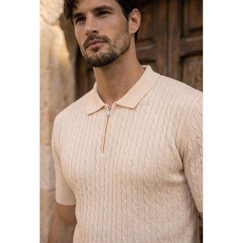 Burke Saç Örgü Yarım Fermuarlı Kısa Kollu İnce Triko Erkek T-Shirt - Bej