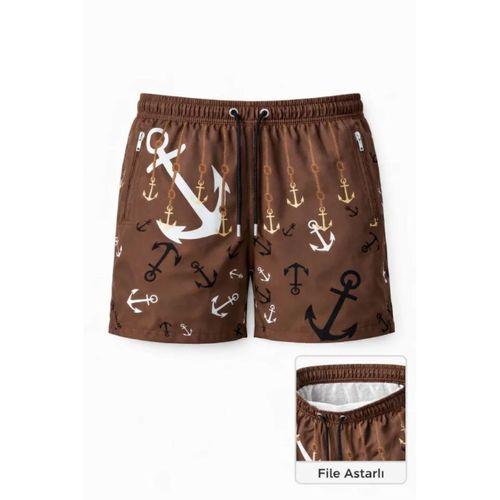 Erkek Deniz Şortu Fermuarlı Cepli File Astarlı Hızlı Kuruyan Premium - Kahverengi