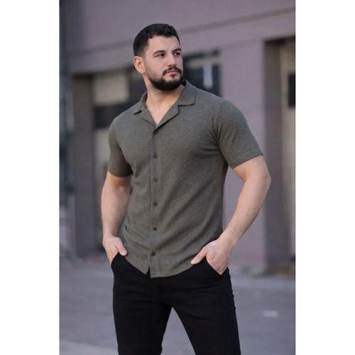 Erkek Waffle Kumaş Kısa Kollu Düğmeli Açık Yaka Regular Fit Gömlek - Haki