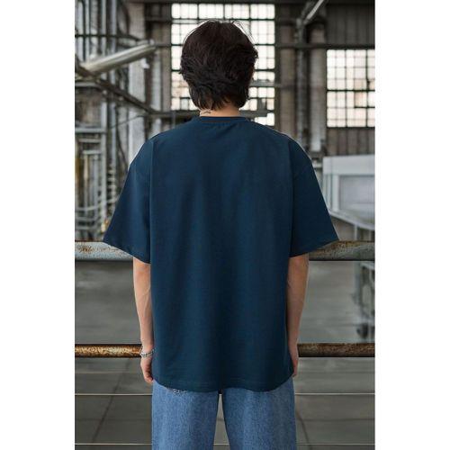 Cep Baskılı İki İplik Kumaş Pamuklu Oversize Erkek T-Shirt - Prusya Mavisi