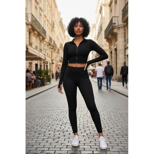 Kadın Siyah Dik Yaka Fermuarlı Uzun Kollu Parmak Geçmeli Crop Top Spor Bluz