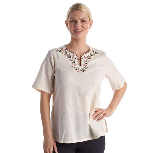Şile Bezi Kısa Kol Krem Nakışlı V Yaka Yazlık Otantik Bluz