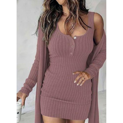 Kadın Askılı Yuvarlak Yakalı önü Düğmeli şardonlu Kaşkorse Mini Elbise Ve Kısa Ceket