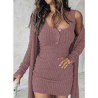 Kadın Askılı Yuvarlak Yakalı önü Düğmeli şardonlu Kaşkorse Mini Elbise Ve Kısa Ceket