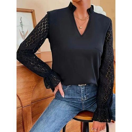 Kadın Uzun Kollu V Fırfır Yakalı Arkası çapraz Detaylı Ithal Krep Bluz