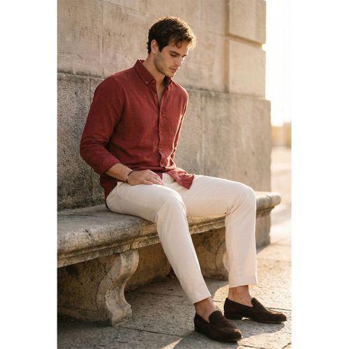 Pera Kumaş Keten Görünümlü Yarım Oversize Uzun kollu Erkek Gömlek - Bordo