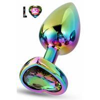 Paslanmaz Çelik Çok Renkli Kalpli Mücevher Taşlı Pürüzsüz Rainbow Metal Anal Butt Plug - Büyük Boy