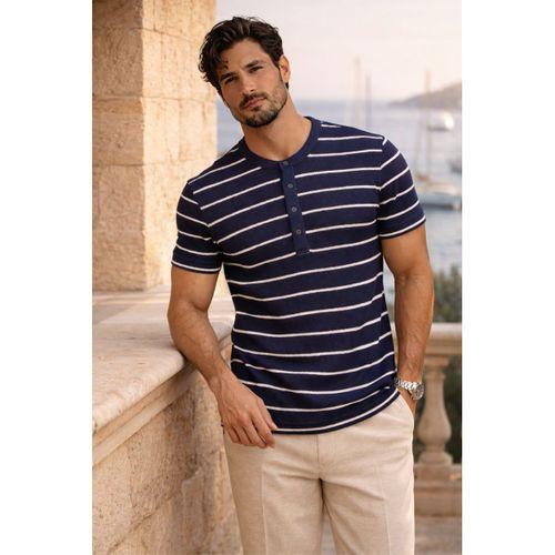 Kristof Pike Kumaş Regular Fit Düğmeli Yaka Kendinden Çizgili T-Shirt - Lacivert