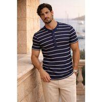 Kristof Pike Kumaş Regular Fit Düğmeli Yaka Kendinden Çizgili T-Shirt - Lacivert