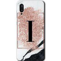 MRCİLETİSİM Samsung Galaxy A02 Kılıf Baskılı Kapak - Pembe Mermer Desenli I Harfi + 5D Tam Kaplayan Cam